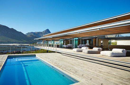 Modern Luxury Hotel Swimming Pool Under Sunny Blue Sky