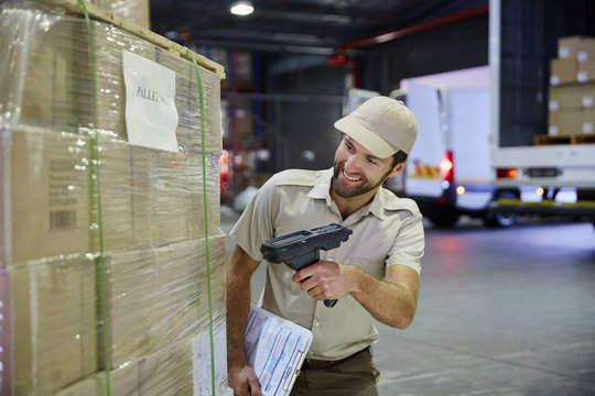 Truck driver worker scanning pallet of cardboard boxes at distribution warehouse loading dock