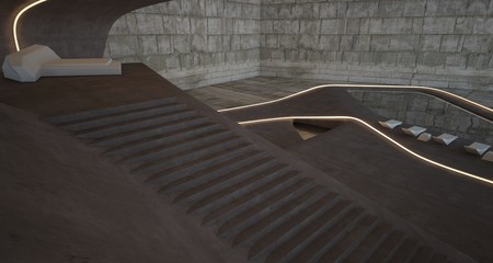 Fototapeta premium Abstract architectural concrete smooth interior of a minimalist house with swimming pool and neon lighting. 3D illustration and rendering.
