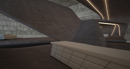 Obraz premium Abstract architectural concrete smooth interior of a minimalist house with swimming pool and neon lighting. 3D illustration and rendering.