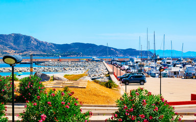 Old Sardinian Port and marina with ships at Mediterranean Sea in city of Villasimius in South...