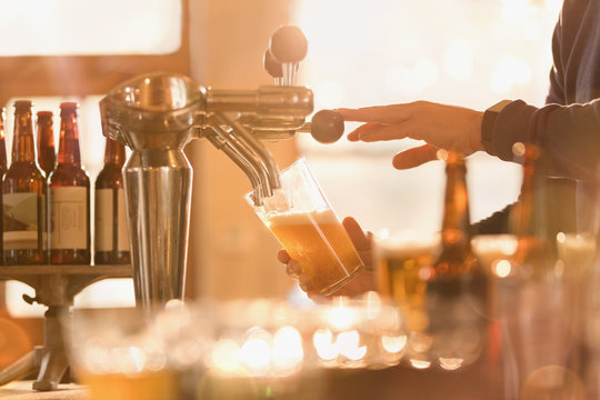 Bartender pouring beer from beer tap behind bar