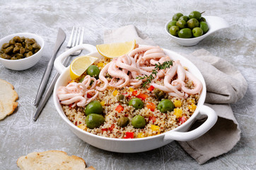 Quinoa with vegetables and squid tentacles