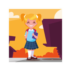 student girl with school suitcase, back to school