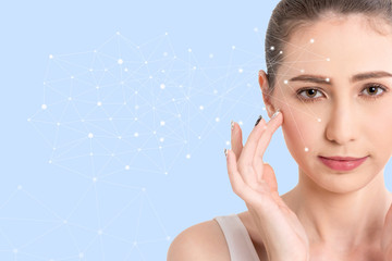 Beautiful woman beauty health care.beauty and spa with face tracking technology and science concept.perfect fresh skin isolated on blue background