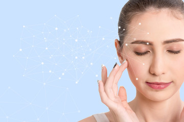Beautiful woman beauty health care.beauty and spa with face tracking technology and science concept.perfect fresh skin isolated on blue background