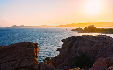 Landscape at Baja Sardinia luxury resort, at sunset and evening, Sardegna island in Italy in...