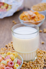 Close-up Soymilk on the table with copy space.breakfast concept.soybeans dry on table