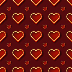 Red and gold Heart seamless pattern vector illustration with creative shape in geometric style. Love background design. Holiday illustration.