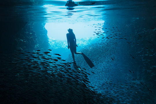 Woman snorkeling underwater among schools of fish, Vava'u, Tonga, Pacific Ocean