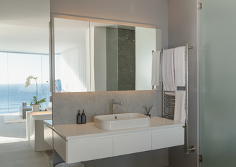 Sink in modern, luxury home showcase interior bathroom