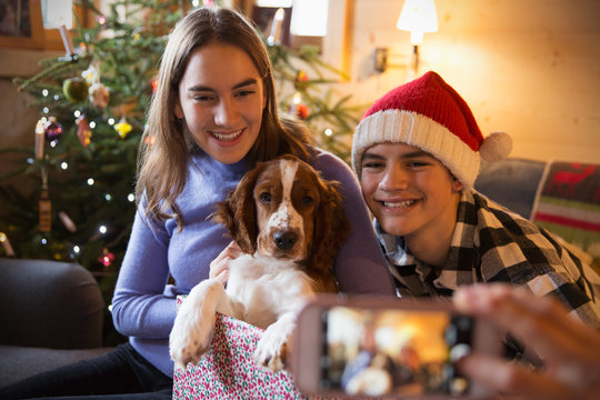 Brother and sister posing for photograph with dog in Christmas gift box