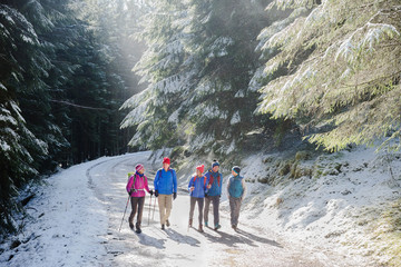 Family hiking in snowy woods