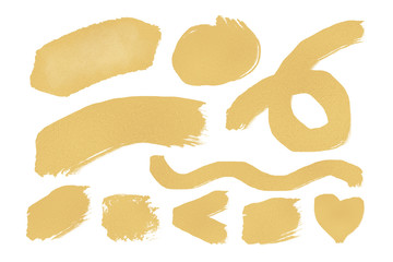 Abstract gold glittering textured art illustration set isolated on white background.