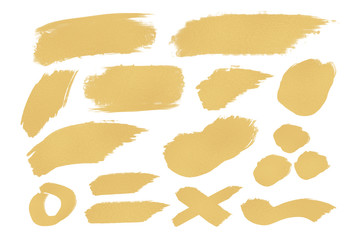 Abstract gold glittering textured art illustration set isolated on white background.