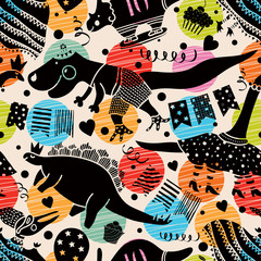 Naklejka premium Colorful seamless pattern with cute cartoon dinosaurs.Vector. Design for fabric, print, textile, wrapping paper.
