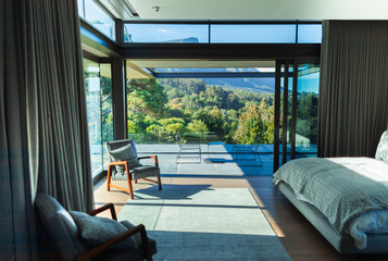 Modern home showcase bedroom and patio with scenic view