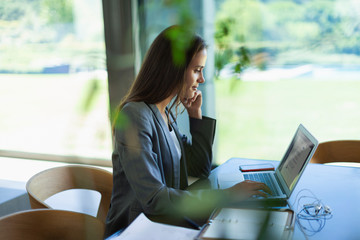 Businesswoman working from home at laptop
