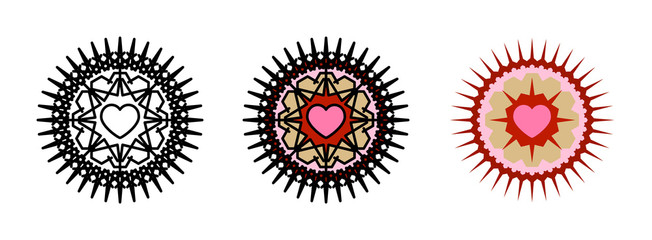 heart mandala icon set isolated on white background for web design,Valentine day concept