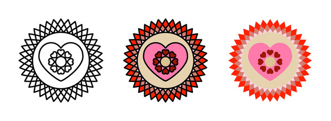 heart mandala icon set isolated on white background for web design,Valentine day concept