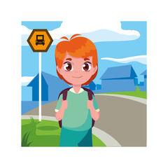 student boy at the bus stop with background city