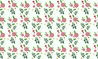 Cute Christmas flower pattern background, with unique leaf and red flower drawing.