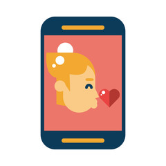 smartphone device with woman kissing heart