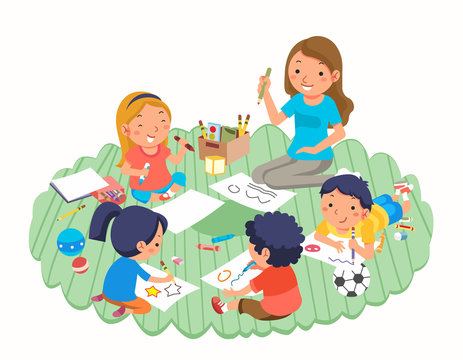 teacher and children drawing while playing in kindergarten and toys around them vector illustration