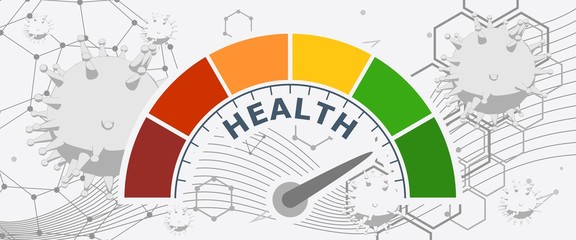 Color scale with arrow from red to green. The health level measuring device icon. Sign tachometer, speedometer, indicators. Colorful infographic gauge element.