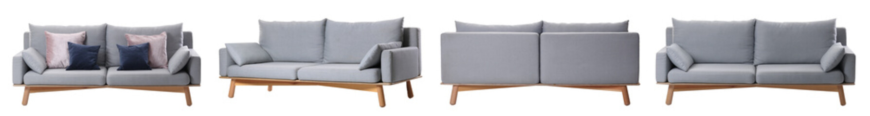 Collage with comfortable sofa on white background