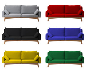 Collage with different comfortable sofas on white background