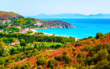 Beautiful nature of Villasimius and with Blue Waters of the Mediterranean Sea on Sardinia Island in...