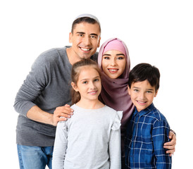 Portrait of Muslim family on white background