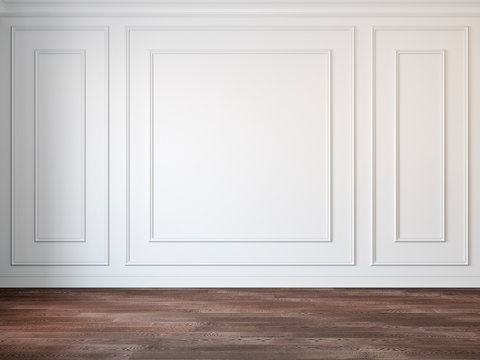 Classic white empty interior with wood floor and wall moldings. 3d render illustration mockup.