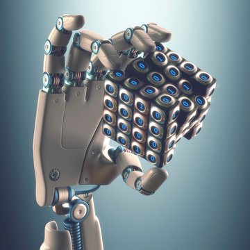 Robotic hand holding cube, illustration