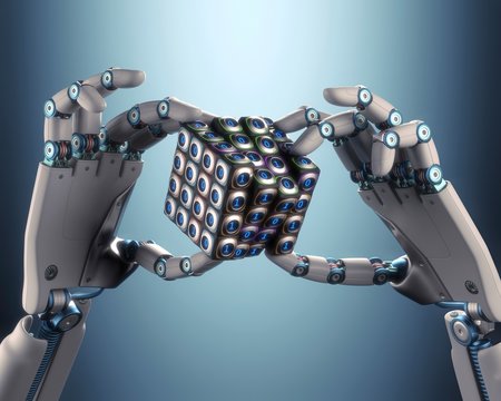 Robotic hand holding cube, illustration