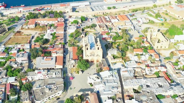 Aerial view of Famagusta walled city with Palazzo del Provveditore and Lala Mustafa Pasha Mosque. Cyprus