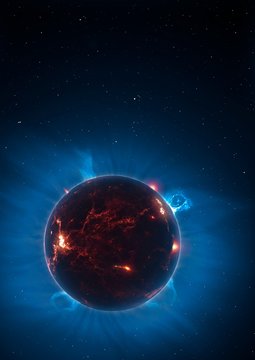 Artwork of volcanic world eclipsing star