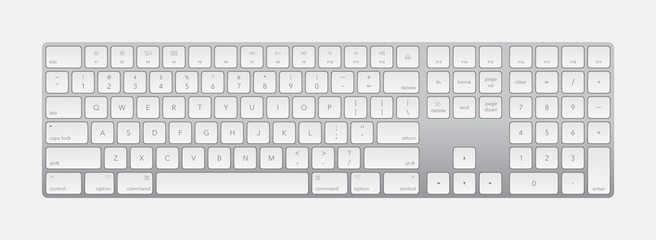 Modern silver laptop bluetooth keyboard isolated on white. Minimalistic keyboard with black buttons. Vector illustration - obrazy, fototapety, plakaty