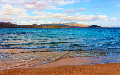 Landscape with Romantic morning at Capriccioli Beach in of the Mediterranean sea on Sardinia island...