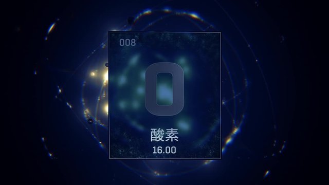 Oxygen as Element 8 of the Periodic Table. Seamlessly looping 3D animation on blue illuminated atom design background orbiting electrons name, atomic weight element number in Japanese language