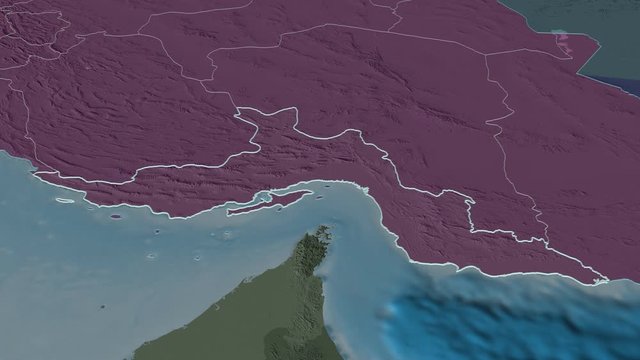 Hormozgan, province with its capital, zoomed and extruded on the administrative map of Iran in the conformal Stereographic projection. Animation 3D