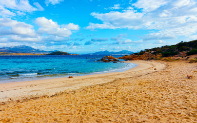 Landscape with Romantic morning at Capriccioli Beach in of the Mediterranean sea on Sardinia island...