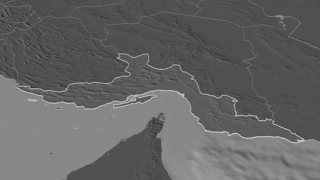 Hormozgan, province with its capital, zoomed and extruded on the bilevel map of Iran in the conformal Stereographic projection. Animation 3D