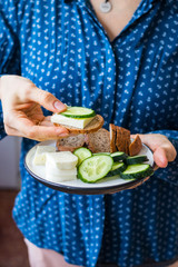 Woman hands holds sandwiches sliced ingredients on a plate. Bread, cucumbers and cheese. Vegetarian food
