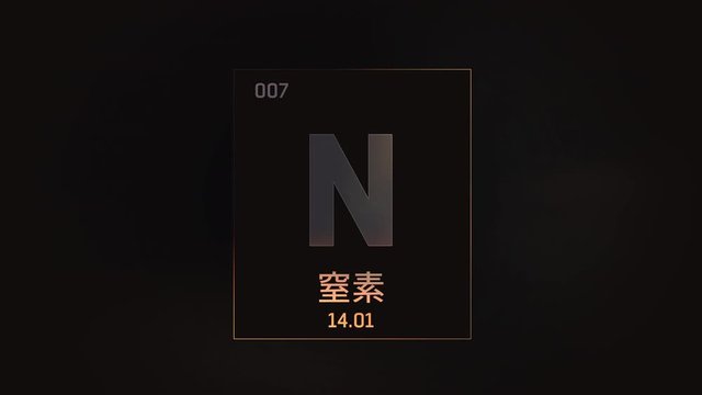 Nitrogen as Element 7 of the Periodic Table. Seamlessly looping 3D animation on grey illuminated atom design background orbiting electrons name, atomic weight element number in Japanese language