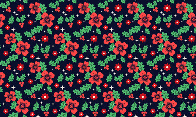 Cute Christmas flower pattern background, with beautiful leaf and red flower design.