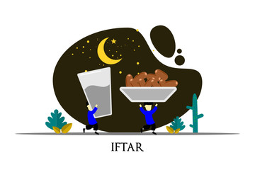 happy ramadan mubarak greeting illustration with cartoon character for poster, web landing page template, banner, presentation, social, and print media. islamic eid fitr or adha flat design vector.