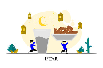 happy ramadan mubarak greeting illustration with cartoon character for poster, web landing page template, banner, presentation, social, and print media. islamic eid fitr or adha flat design vector.