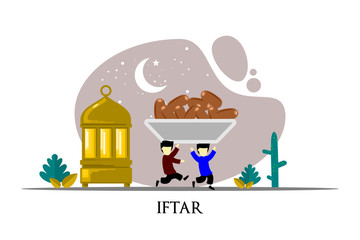 happy ramadan mubarak greeting illustration with cartoon character for poster, web landing page template, banner, presentation, social, and print media. islamic eid fitr or adha flat design vector.